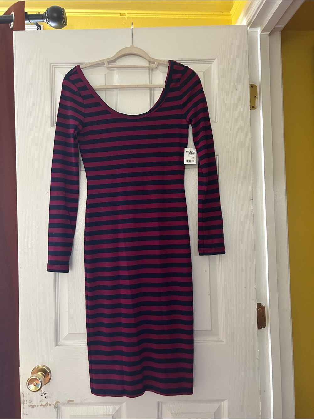 Charlotte Russe Black and Burgundy Striped Long-Sleeve Scoop Neck Dress